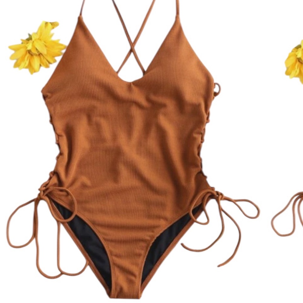 Zaful Rust Brown Ribbed One-Piece Swimsuit
